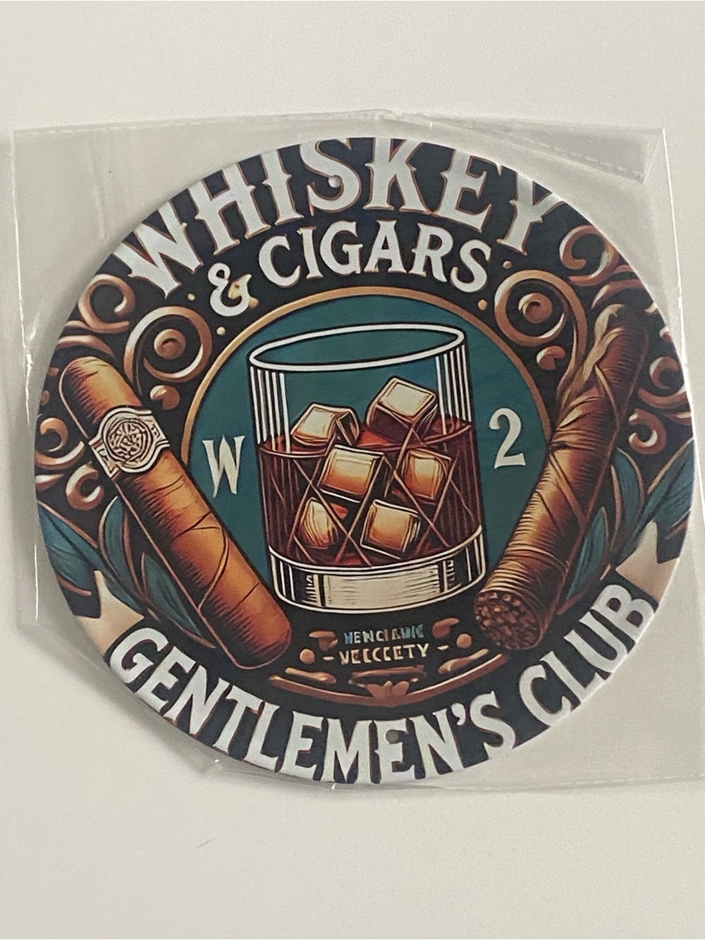 Whiskey & Cigars Gentlemen's Club Round Metal Wall Sign- Teal/Brown